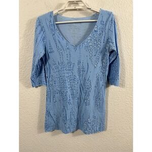 Hard Tail Shirt Womens Medium Blue Distressed Burnout 3/4 Sleeve USA Y2K‎